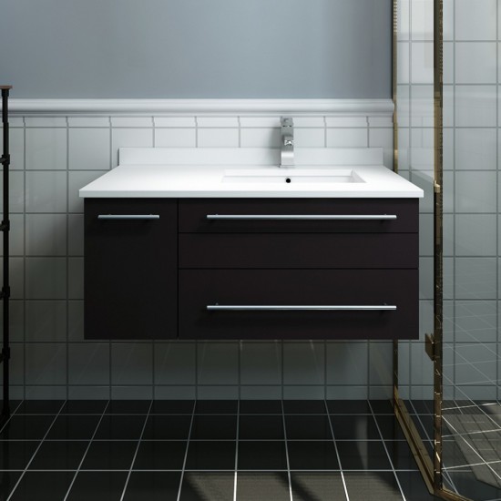 36 Espresso Wall Hung Bathroom Cabinet w/ Top & Undermount Sink - Right Version