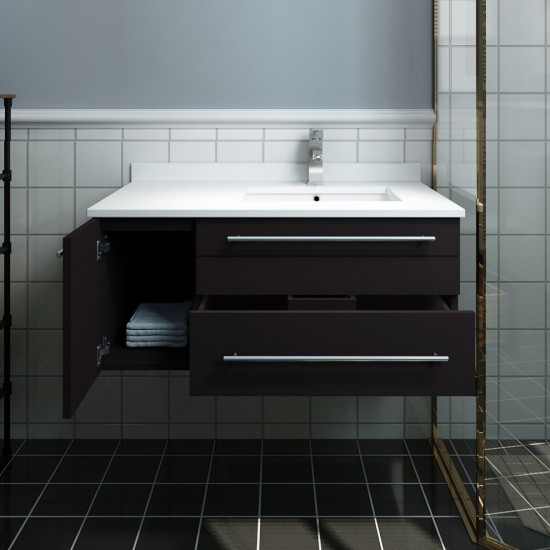 36 Espresso Wall Hung Bathroom Cabinet w/ Top & Undermount Sink - Right Version