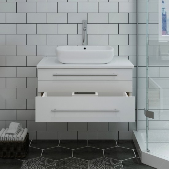 Fresca Lucera 30" White Wall Hung Modern Bathroom Cabinet w/ Top & Vessel Sink