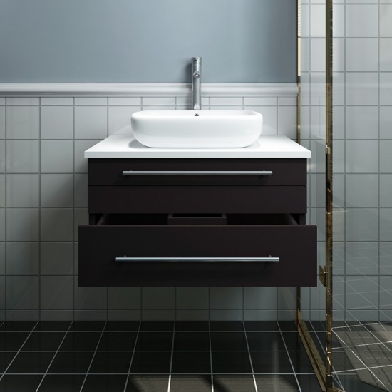 Lucera 30" Espresso Wall Hung Modern Bathroom Cabinet w/ Top & Vessel Sink