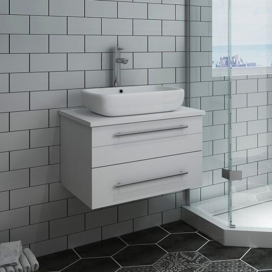 Fresca Lucera 24" White Wall Hung Modern Bathroom Cabinet w/ Top & Vessel Sink