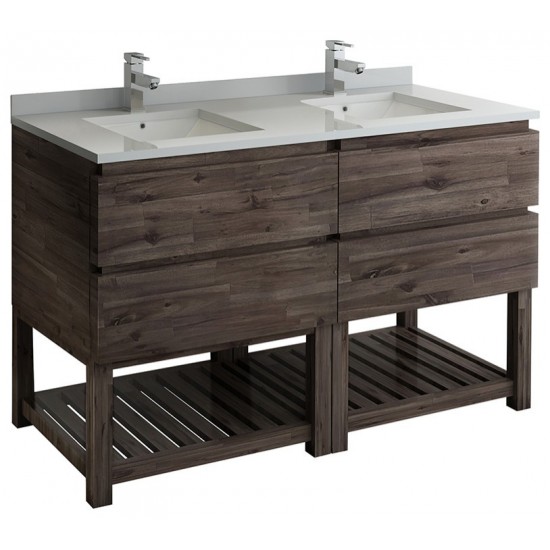 60 Floor Standing Open Bottom Dbl Sink Bathroom Cabinet, Top, Sinks, Acacia Wood