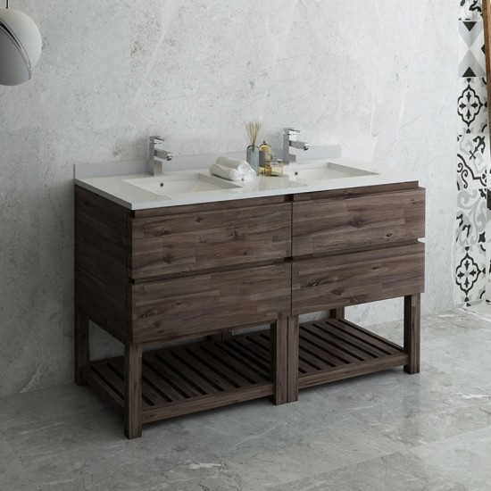 60 Floor Standing Open Bottom Dbl Sink Bathroom Cabinet, Top, Sinks, Acacia Wood