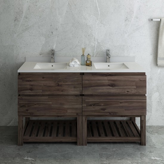 60 Floor Standing Open Bottom Dbl Sink Bathroom Cabinet, Top, Sinks, Acacia Wood