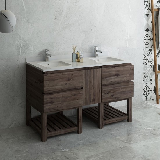 60 Floor Standing Open Bottom Dbl Sink Bathroom Cabinet, Top, Sinks, Wood
