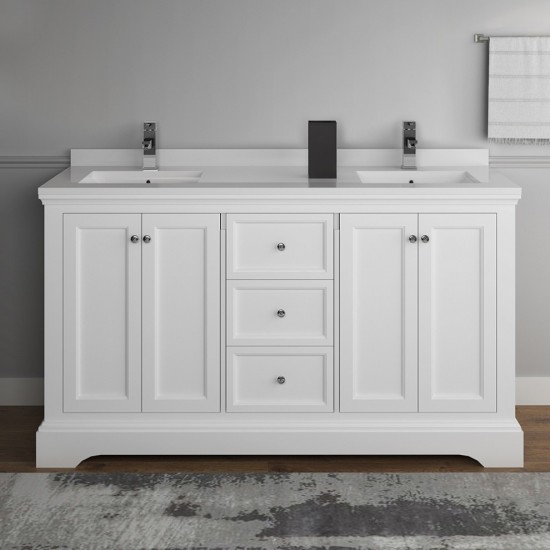 Windsor 60" Matte White Traditional Double Sink Bathroom Cabinet w/ Top & Sinks