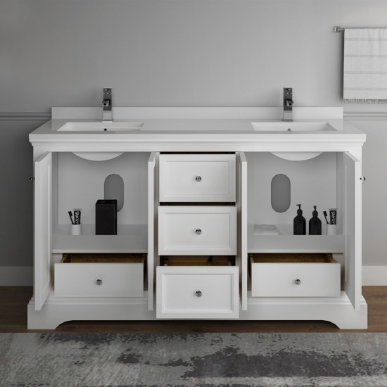 Windsor 60" Matte White Traditional Double Sink Bathroom Cabinet w/ Top & Sinks