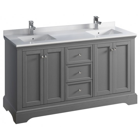 Windsor 60 Gray Textured Traditional Double Sink Bathroom Cabinet w/ Top & Sinks