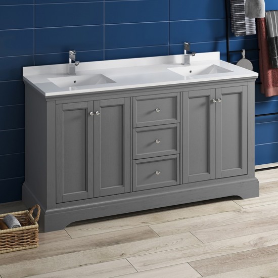 Windsor 60 Gray Textured Traditional Double Sink Bathroom Cabinet w/ Top & Sinks