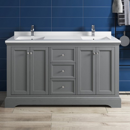 Windsor 60 Gray Textured Traditional Double Sink Bathroom Cabinet w/ Top & Sinks