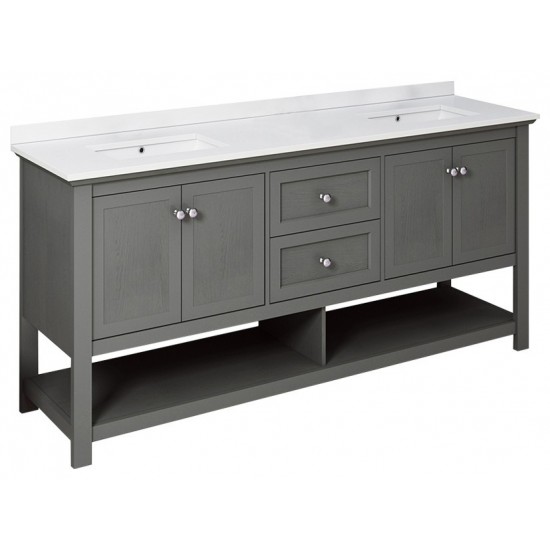 72 Gray Wood Veneer Traditional Double Sink Bathroom Cabinet w/ Top & Sinks