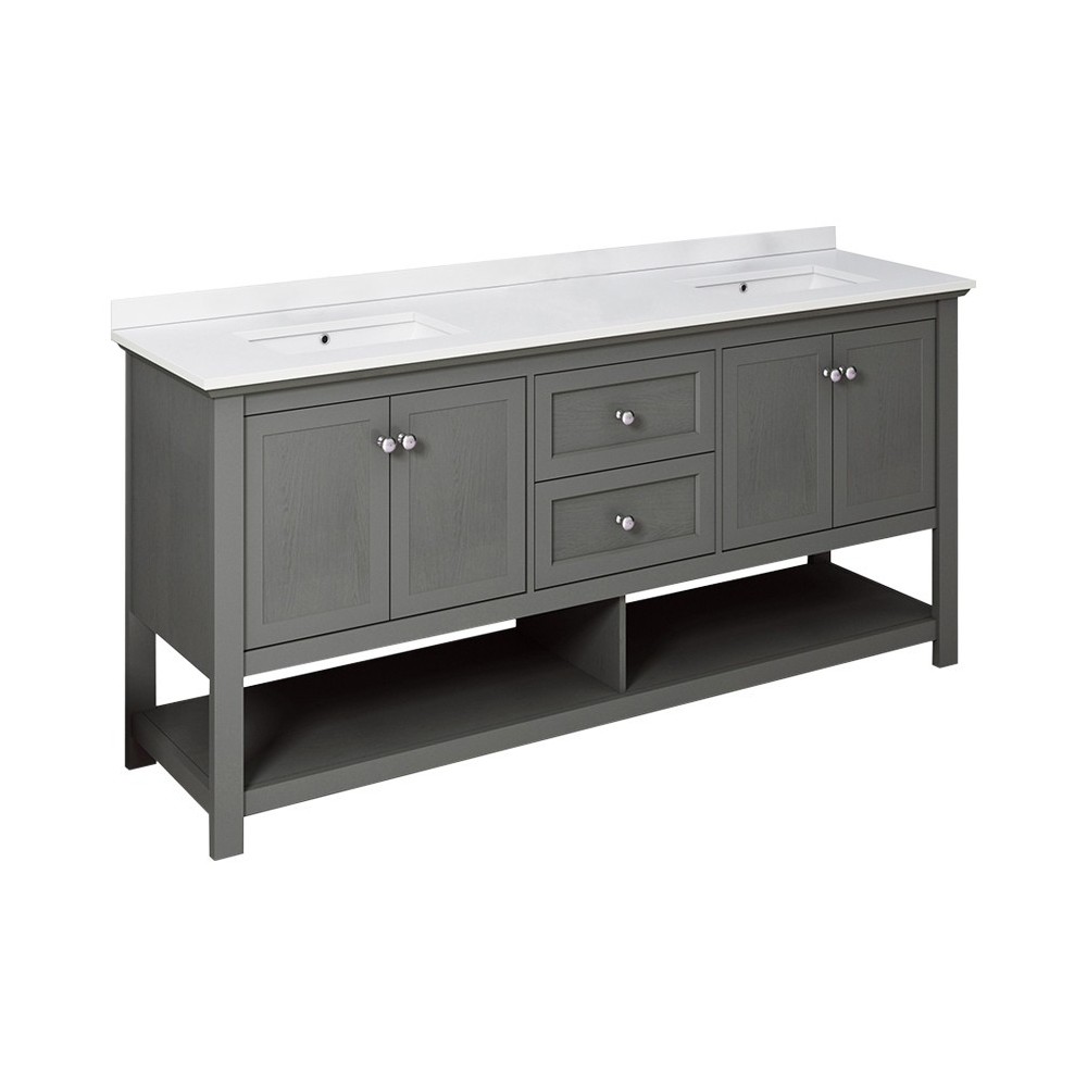 72 Gray Wood Veneer Traditional Double Sink Bathroom Cabinet w/ Top & Sinks