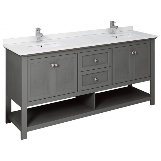 72 Gray Wood Veneer Traditional Double Sink Bathroom Cabinet w/ Top & Sinks