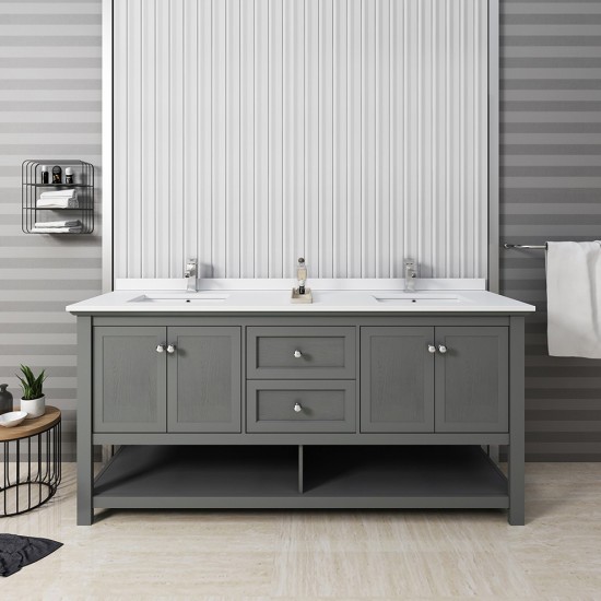 72 Gray Wood Veneer Traditional Double Sink Bathroom Cabinet w/ Top & Sinks