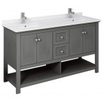 60 Gray Wood Veneer Traditional Double Sink Bathroom Cabinet w/ Top & Sinks