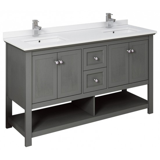 60 Gray Wood Veneer Traditional Double Sink Bathroom Cabinet w/ Top & Sinks