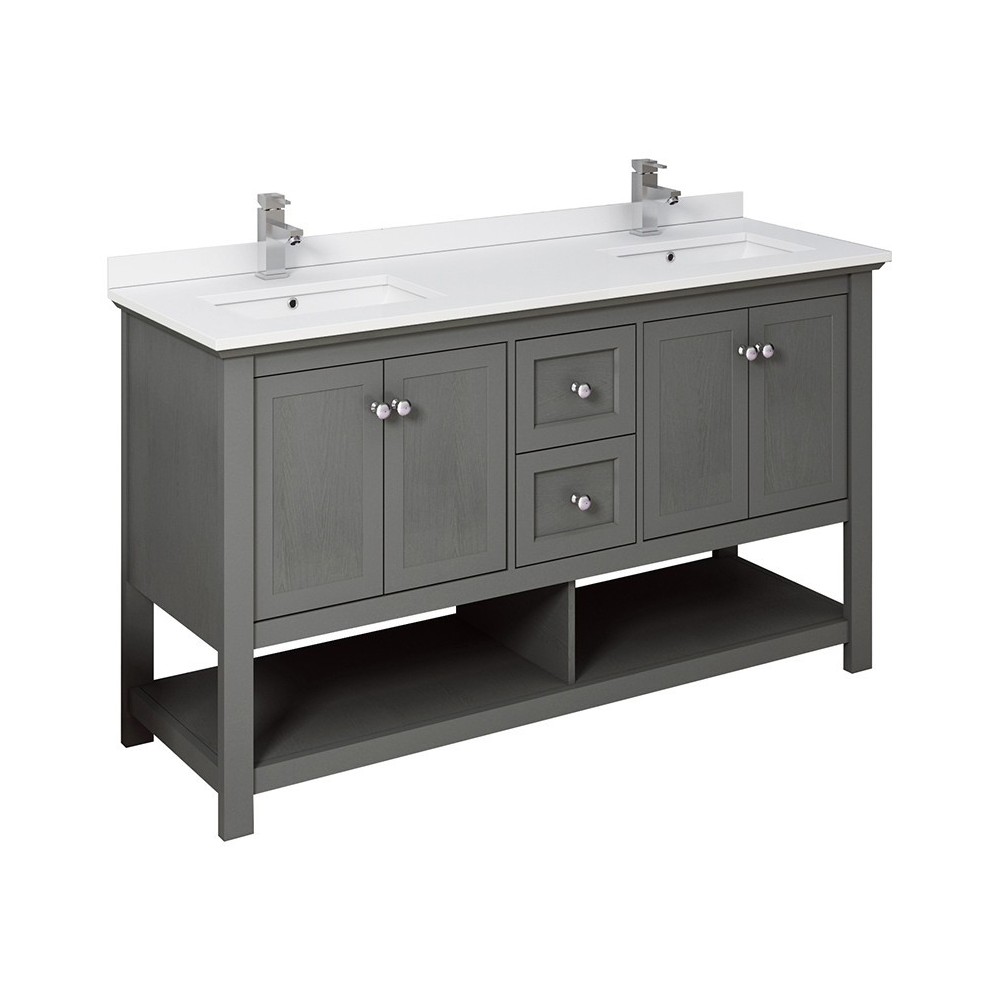 60 Gray Wood Veneer Traditional Double Sink Bathroom Cabinet w/ Top & Sinks