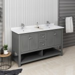 60 Gray Wood Veneer Traditional Double Sink Bathroom Cabinet w/ Top & Sinks