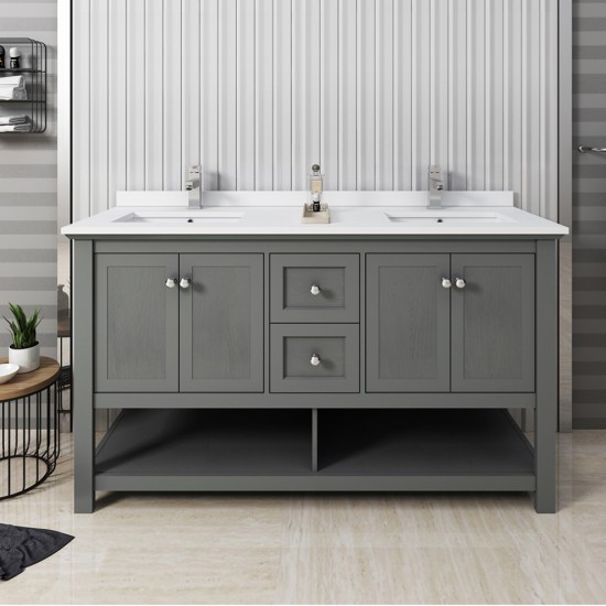 60 Gray Wood Veneer Traditional Double Sink Bathroom Cabinet w/ Top & Sinks