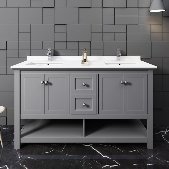 Manchester 60" Gray Traditional Double Sink Bathroom Cabinet w/ Top & Sinks