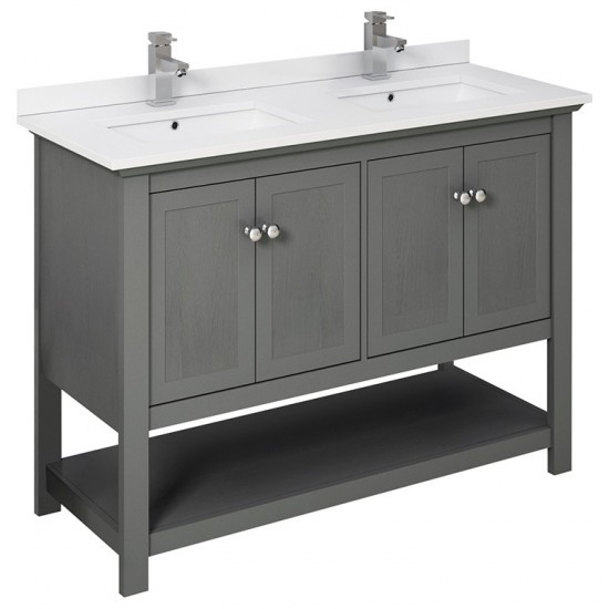 48 Gray Wood Veneer Traditional Double Sink Bathroom Cabinet w/ Top & Sinks