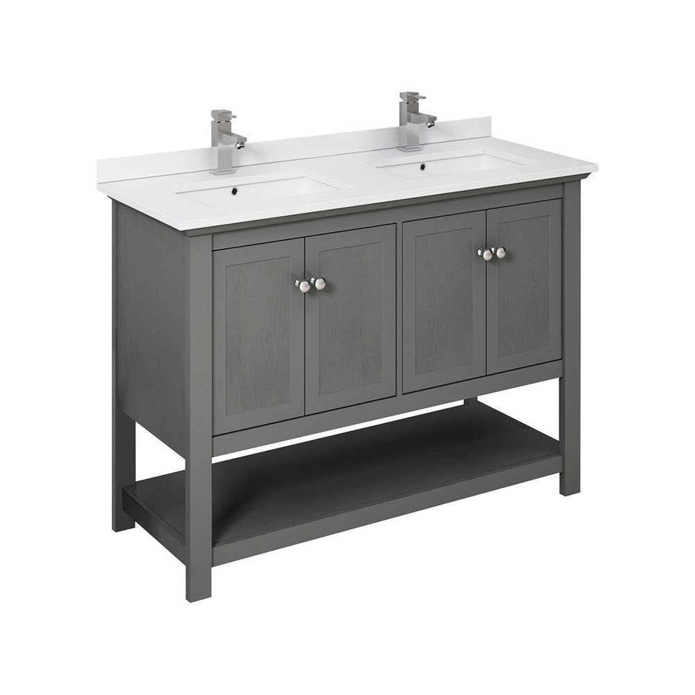 48 Gray Wood Veneer Traditional Double Sink Bathroom Cabinet w/ Top & Sinks