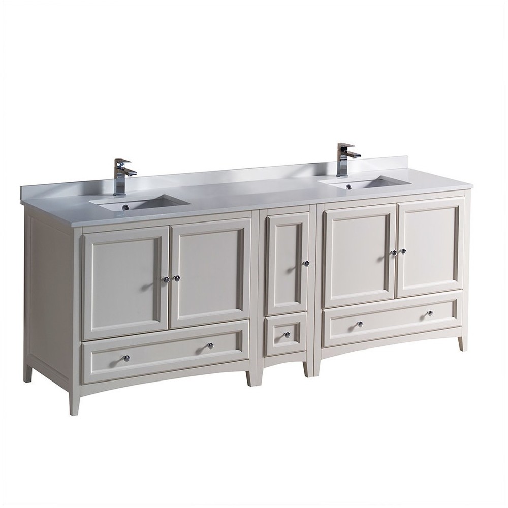 Oxford 84 Antique White Traditional Double Sink Bathroom Cabinets w/ Top & Sinks