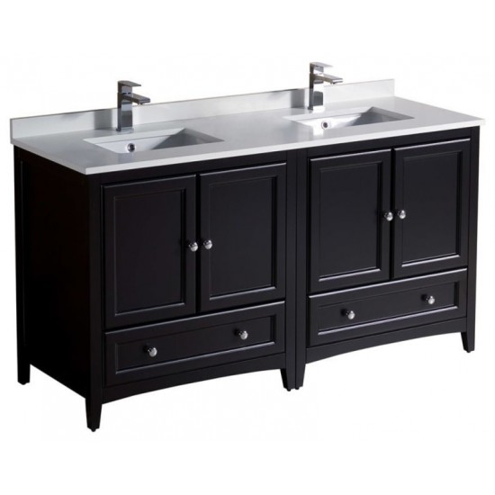 60 Espresso Traditional Dbl Sink Bathroom Cabinets, Top, Sinks