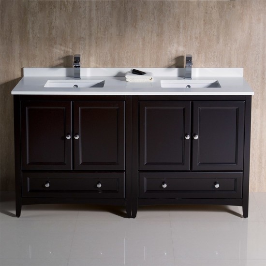 60 Espresso Traditional Dbl Sink Bathroom Cabinets, Top, Sinks