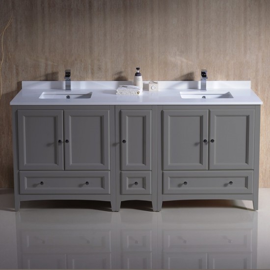 72 Gray Traditional Dbl Sink Bathroom Cabinets, Top, Sinks, FCB20-301230GR-CWH-U