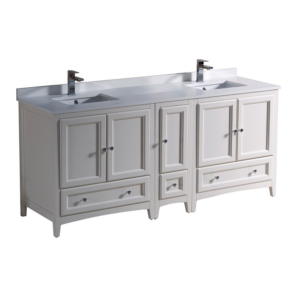 72 Antique White Traditional Dbl Sink Bathroom Cabinets, Top, Sinks, FCB20