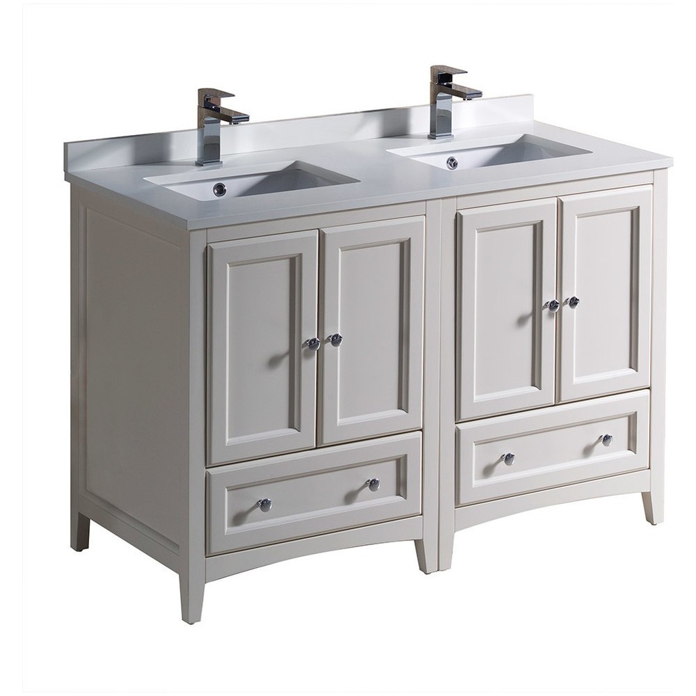 Oxford 48 Antique White Traditional Double Sink Bathroom Cabinets w/ Top & Sinks