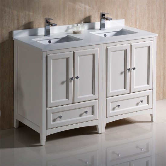 Oxford 48 Antique White Traditional Double Sink Bathroom Cabinets w/ Top & Sinks