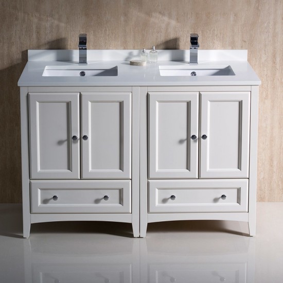 Oxford 48 Antique White Traditional Double Sink Bathroom Cabinets w/ Top & Sinks