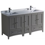 60 Gray Traditional Dbl Sink Bathroom Cabinets, Top, Sinks, FCB20-241224GR-CWH-U