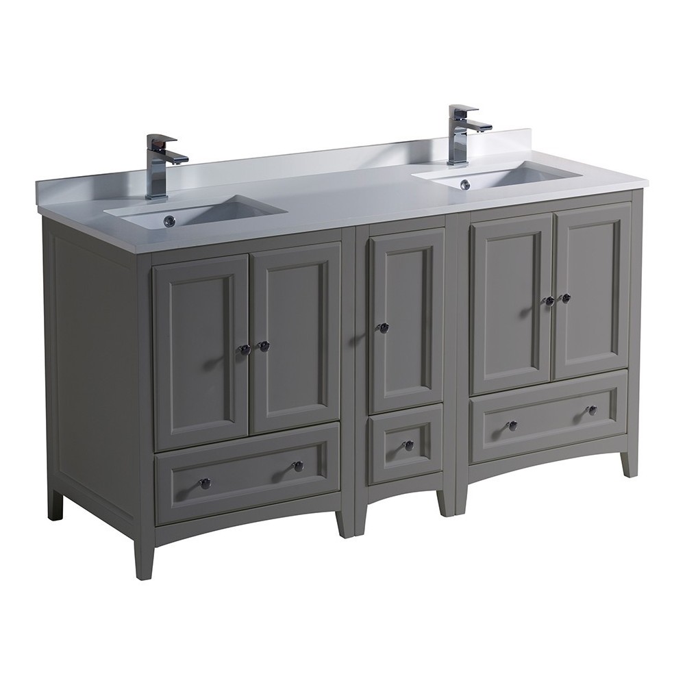 60 Gray Traditional Dbl Sink Bathroom Cabinets, Top, Sinks, FCB20-241224GR-CWH-U