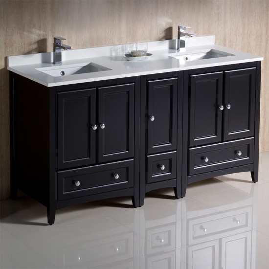 60 Espresso Traditional Dbl Sink Bathroom Cabinets, Top, Sinks, FCB20