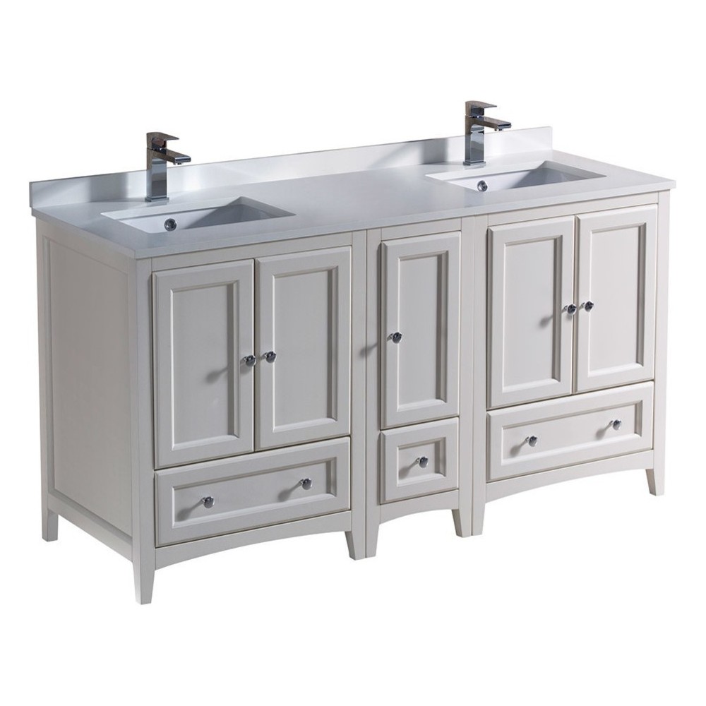 60 Antique White Traditional Dbl Sink Bathroom Cabinets, Top, Sinks, FCB20