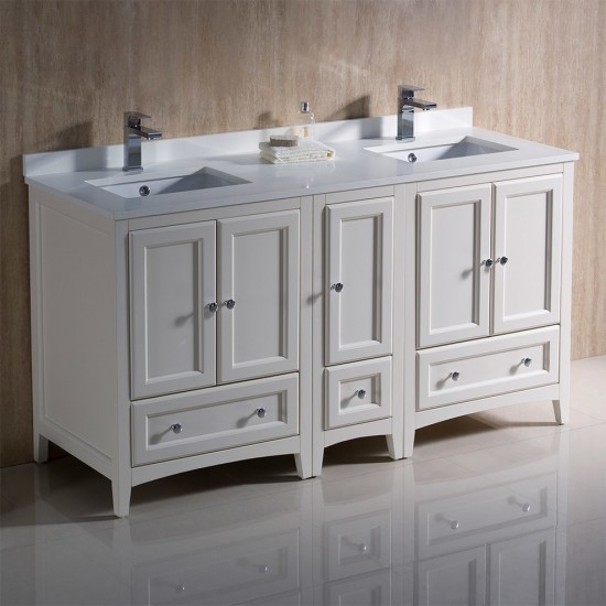 60 Antique White Traditional Dbl Sink Bathroom Cabinets, Top, Sinks, FCB20