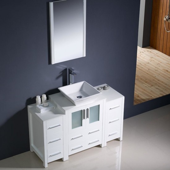 Fresca Torino 48" White Modern Bathroom Vanity w/ 2 Side Cabinets & Vessel Sink