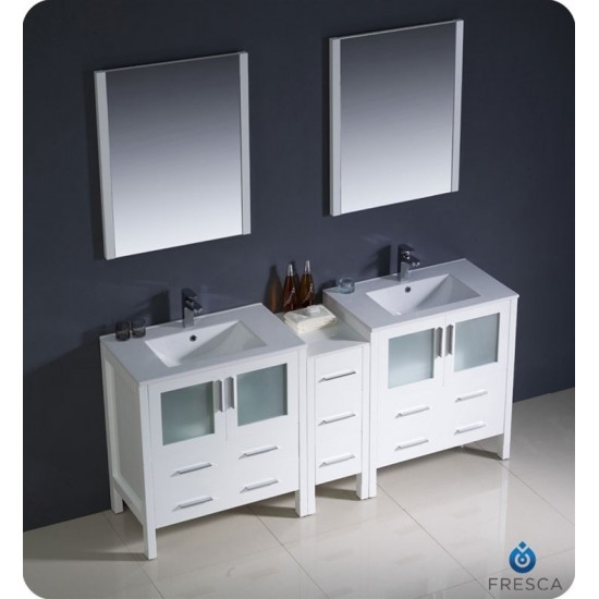 72 White Modern Double Sink Bathroom Vanity w/ Side Cabinet & Integrated Sinks