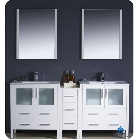 72 White Modern Double Sink Bathroom Vanity w/ Side Cabinet & Integrated Sinks