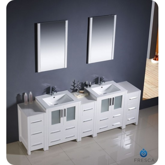 84 White Double Sink Bathroom Vanity w/ 3 Side Cabinets & Integrated Sinks