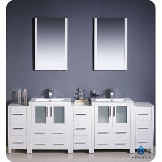 84 White Double Sink Bathroom Vanity w/ 3 Side Cabinets & Integrated Sinks