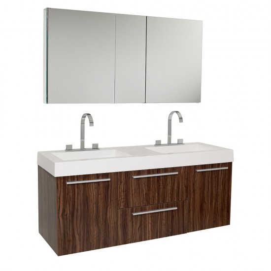 Opulento 54" Walnut Modern Double Sink Bathroom Vanity w/ Medicine Cabinet