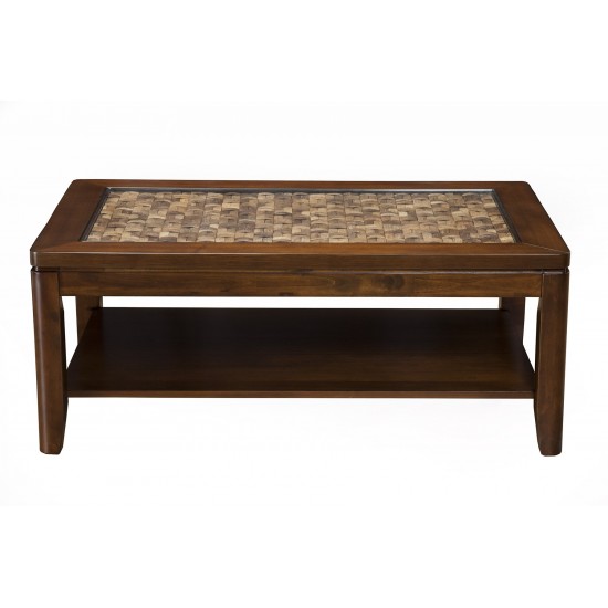 Granada Coffee Table w/Glass Insert & Shelf, Brown Merlot