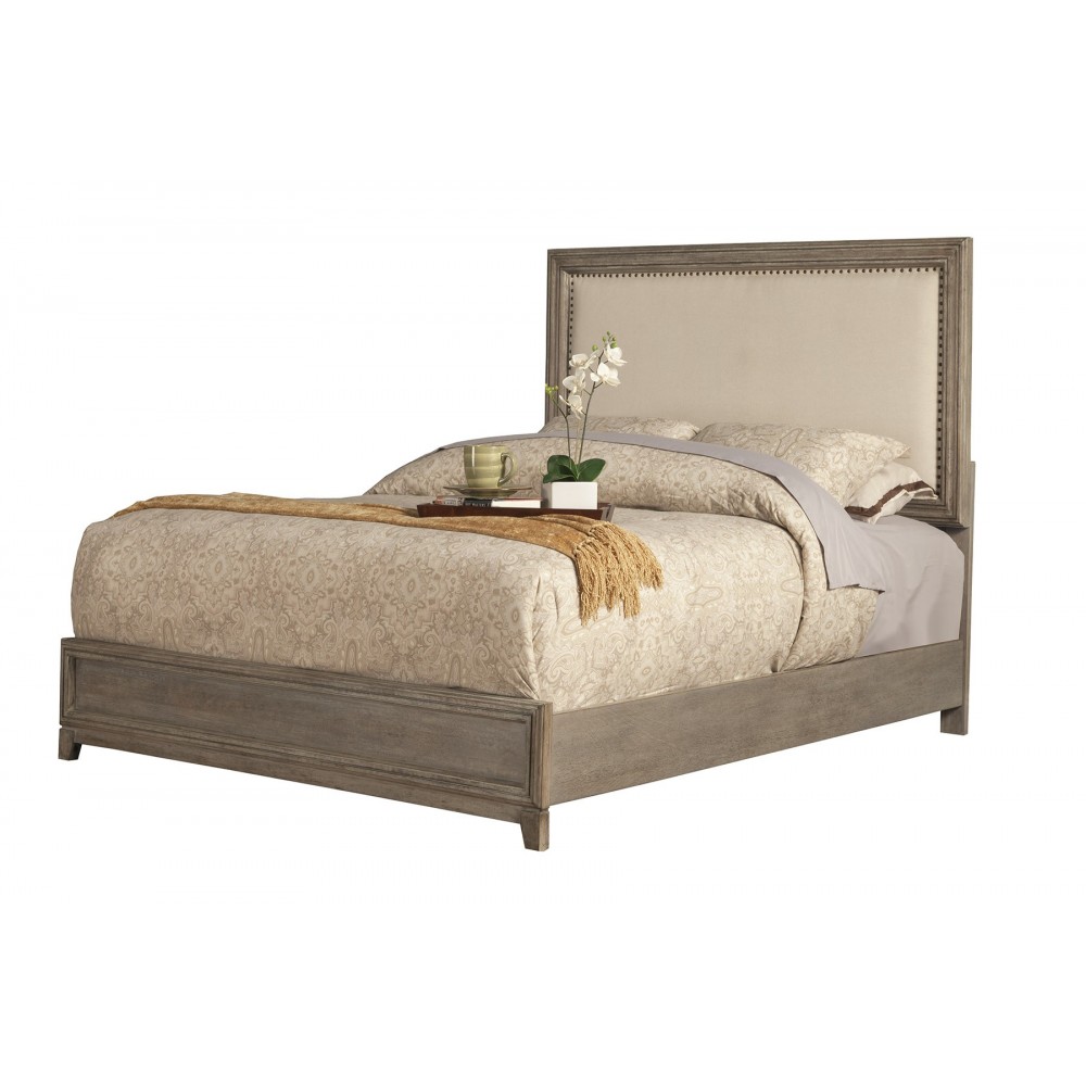 Camilla California King Panel Bed w/Upholstered Headboard & Nailheads, Grey