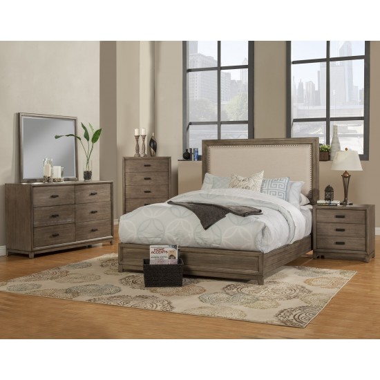 Camilla California King Panel Bed w/Upholstered Headboard & Nailheads, Grey