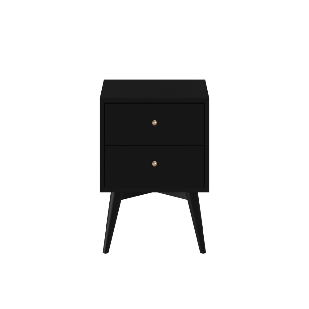 Flynn Mid Century Modern 2 Drawer Nightstand, Black