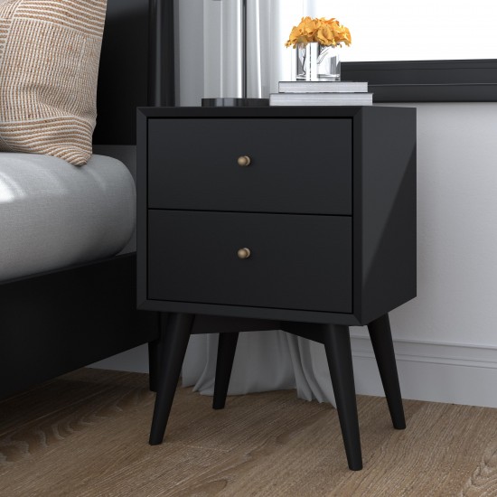 Flynn Mid Century Modern 2 Drawer Nightstand, Black